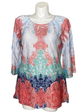 Reba Women's Multicolor Bohemian Paisley Print Tunic Top, 3/4 Sleeves Size L